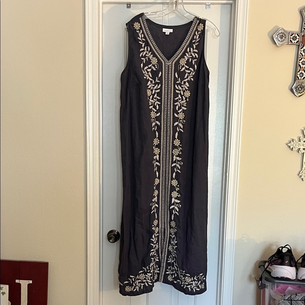 J. Jill Black Maxi Dress with White Embroidery